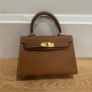 Structured Mini Top-Handle Bag in Brown with Gold Hardware